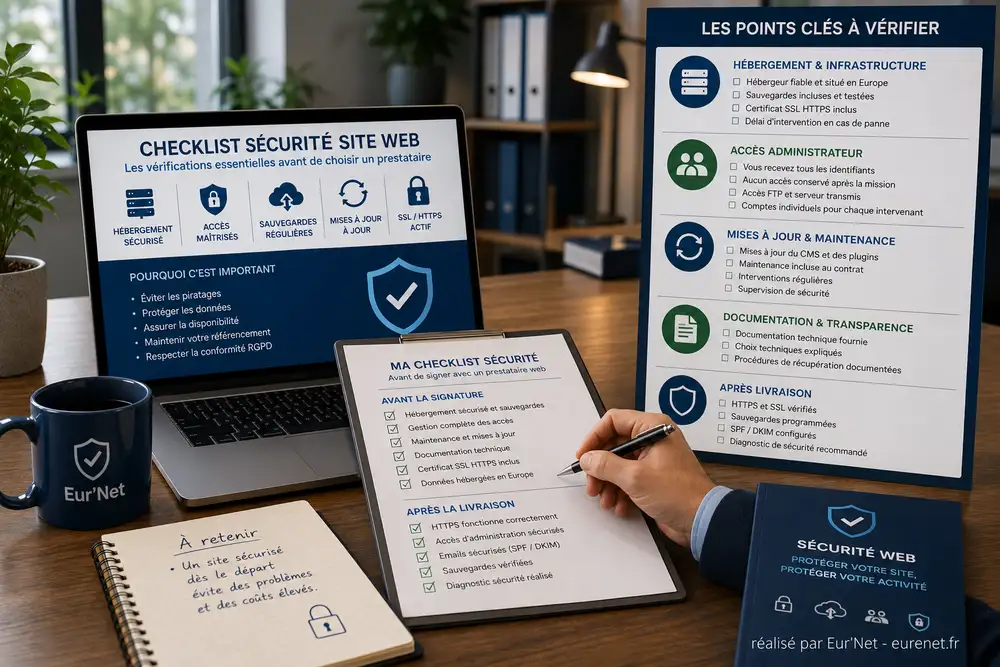 Checklist s&eacute;curit&eacute; site web pr&eacute;sent&eacute;e dans un environnement professionnel avec v&eacute;rifications HTTPS, sauvegardes, acc&egrave;s administrateur et maintenance pour aider les PME &agrave; s&eacute;curiser leur projet web d&egrave;s la cr&eacute;ation.