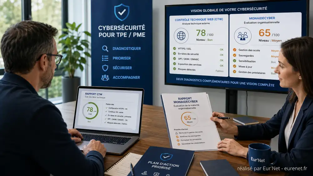 Diagnostic cybers&eacute;curit&eacute; PME avec analyse CTW et MonAideCyber dans une salle de r&eacute;union professionnelle, illustrant la compl&eacute;mentarit&eacute; entre diagnostic technique web et &eacute;valuation organisationnelle ANSSI.