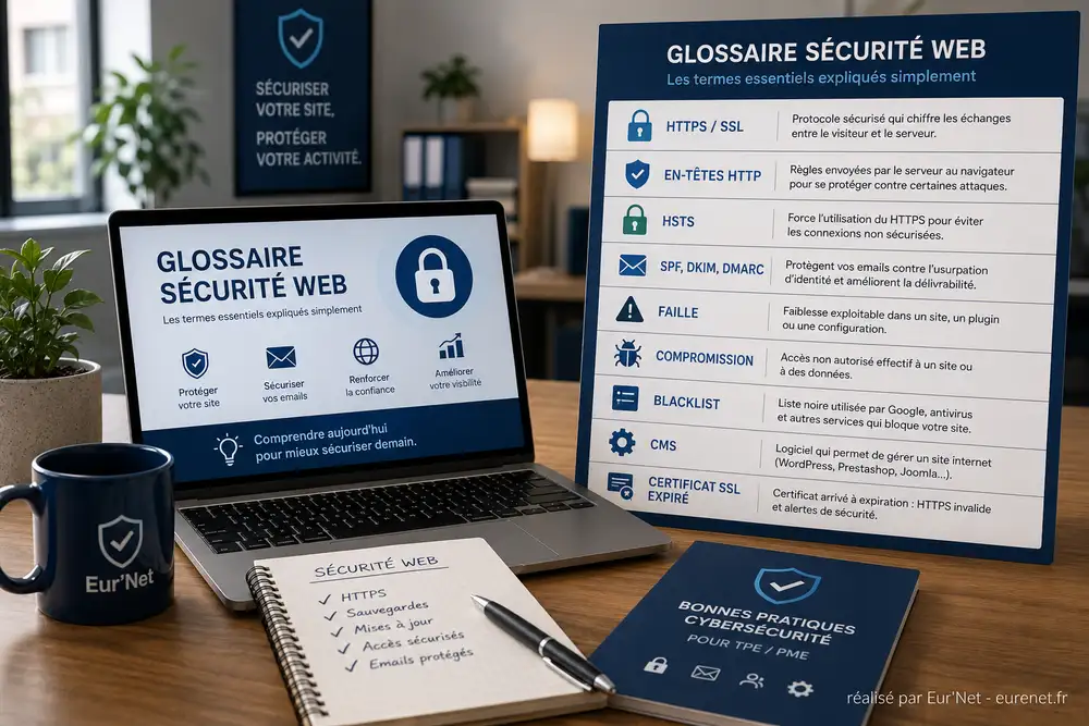 Glossaire s&eacute;curit&eacute; web pr&eacute;sent&eacute; dans un environnement professionnel avec d&eacute;finitions HTTPS, SSL, HSTS, SPF et failles de s&eacute;curit&eacute; pour aider les PME &agrave; comprendre les risques cyber et prot&eacute;ger leur site internet.