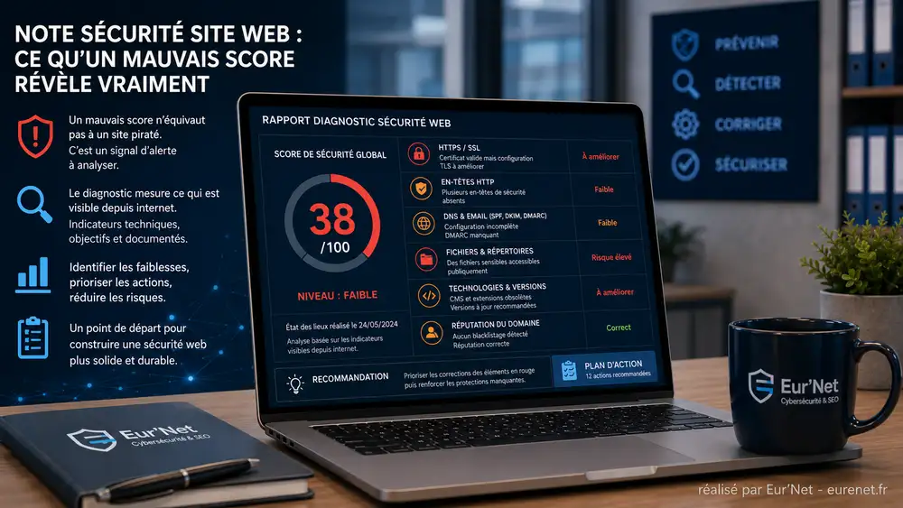 Note s&eacute;curit&eacute; site web analys&eacute;e dans un environnement professionnel avec rapport de cybers&eacute;curit&eacute;, score technique faible et recommandations d&rsquo;am&eacute;lioration pour TPE et PME.