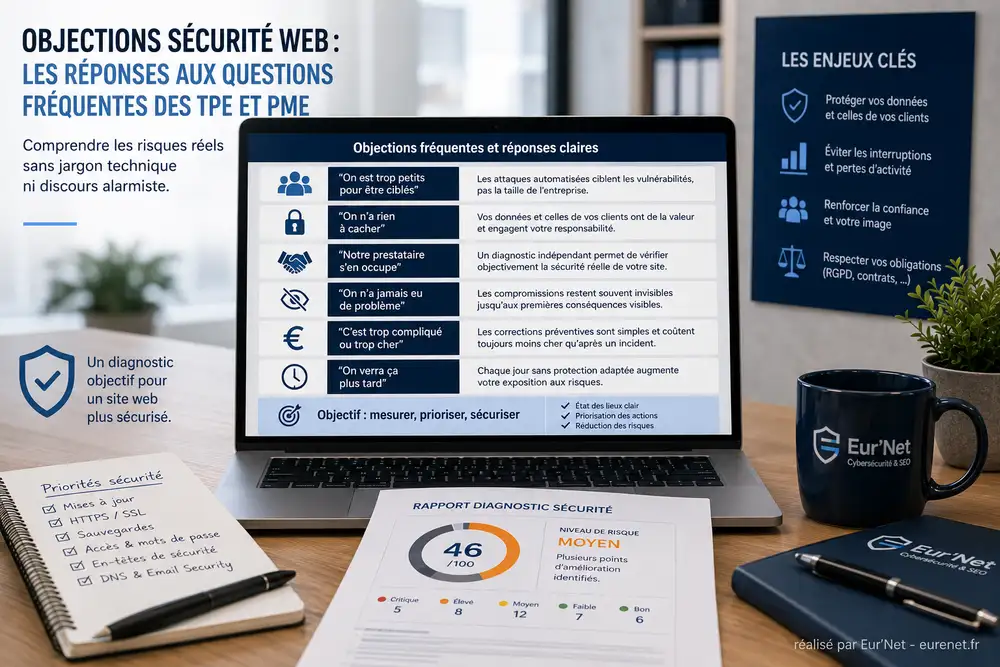 Objections s&eacute;curit&eacute; web des TPE et PME : diagnostic cybers&eacute;curit&eacute;, risques r&eacute;els et protection des sites internet professionnels.