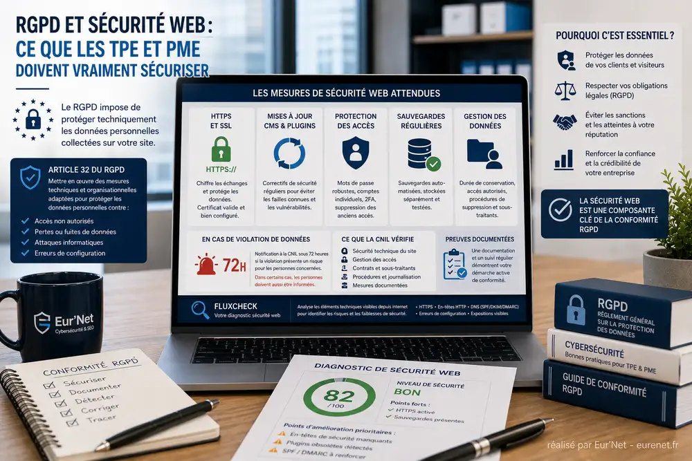 RGPD et s&eacute;curit&eacute; web pour TPE PME avec HTTPS, sauvegardes, acc&egrave;s prot&eacute;g&eacute;s et conformit&eacute; CNIL