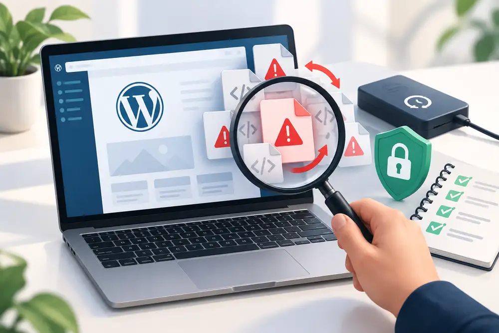 Audit cybers&eacute;curit&eacute; PME : examen de fichiers WordPress suspects, sauvegarde et contr&ocirc;les de s&eacute;curit&eacute;